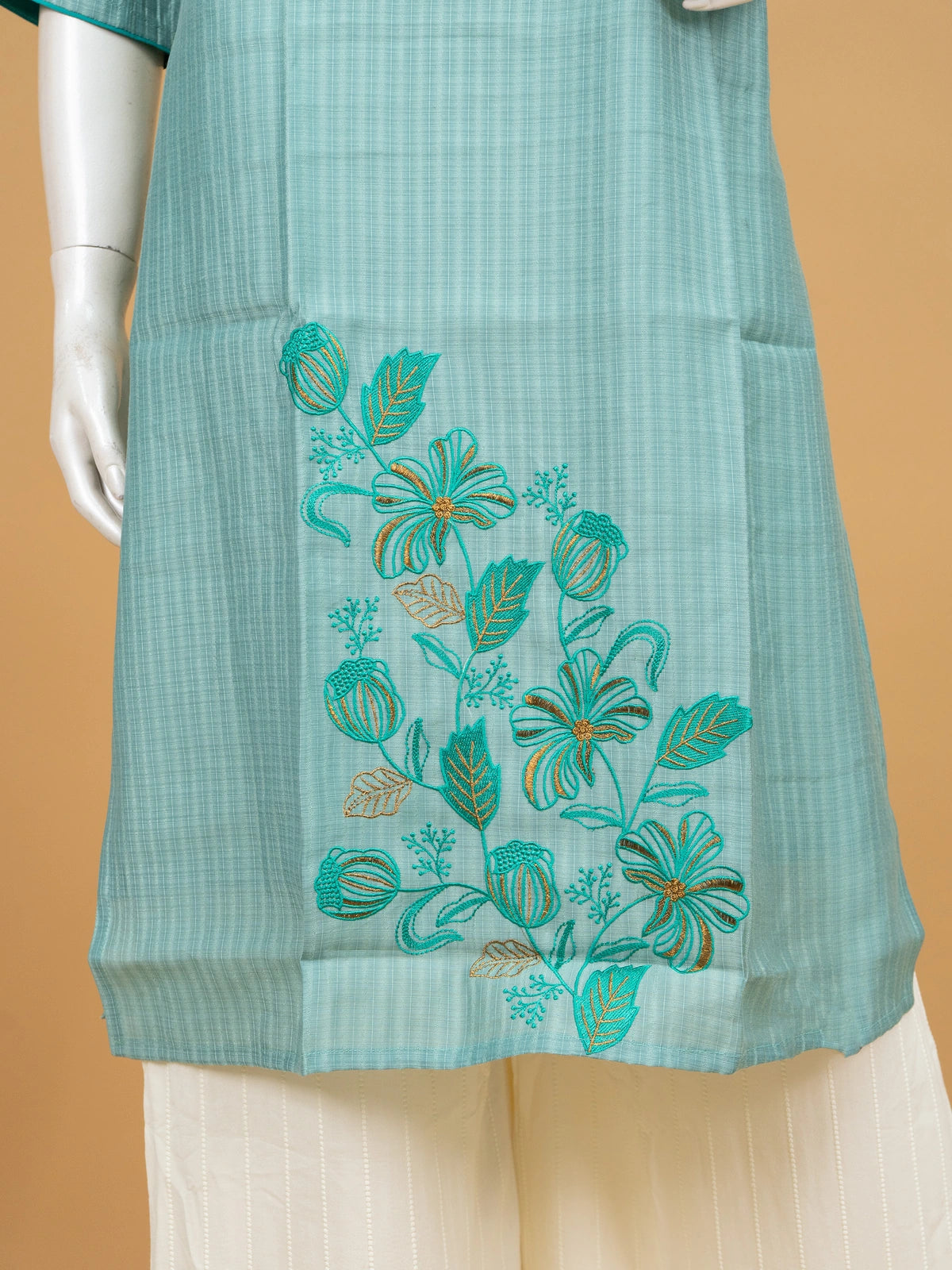 Sea Green cotton floral embroidered Anarkali kurti top with gold and teal thread work