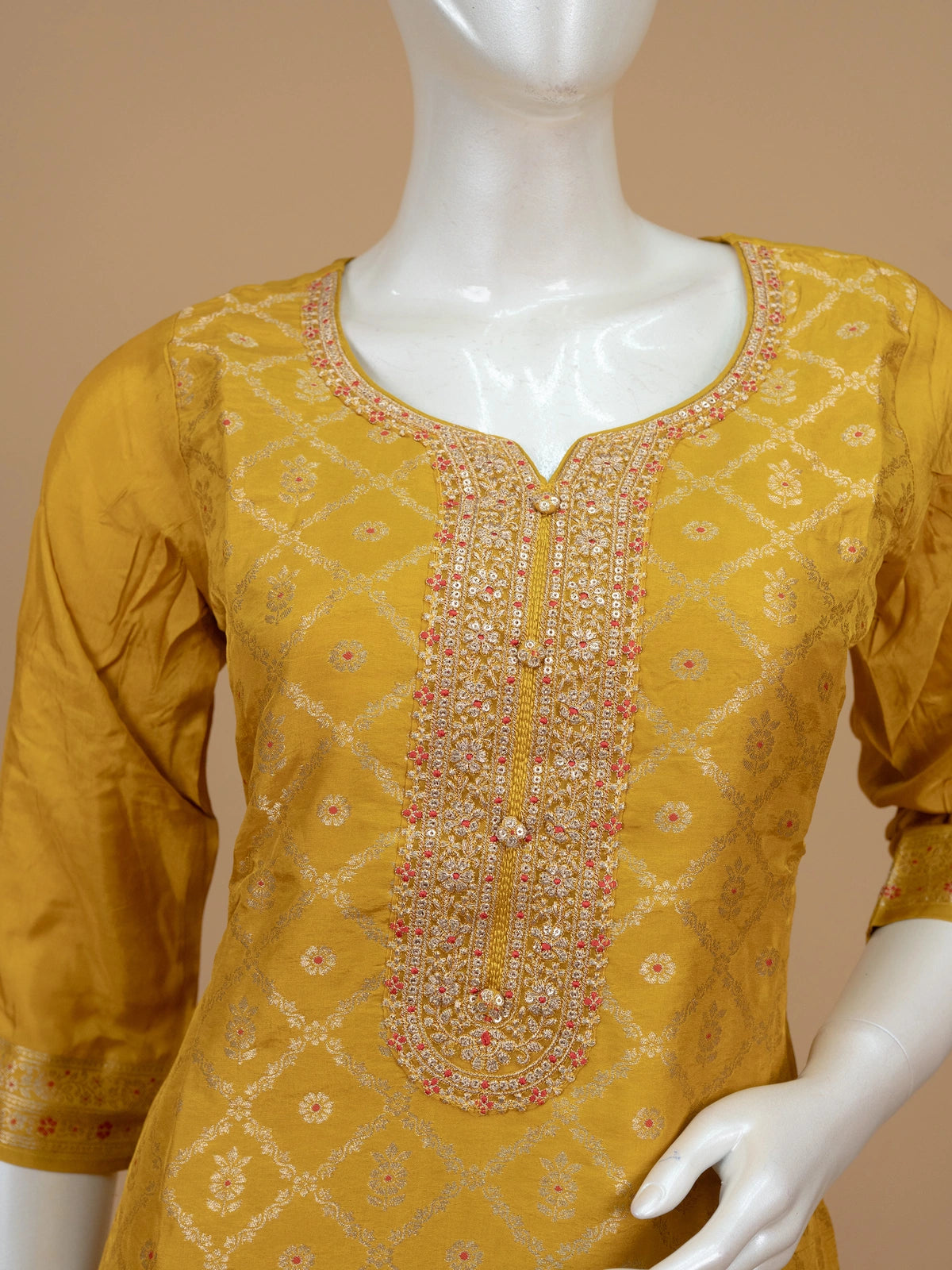 Mustard yellow zari woven silk embroidered straight cut kurti set with floral printed dupatta