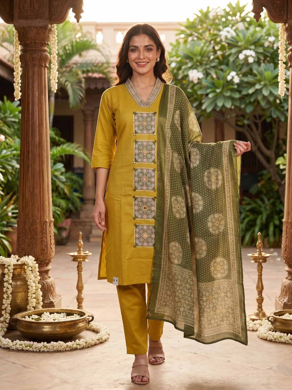 Mustard with Green Dupatta Ready Made Straight Cut Kurti Set