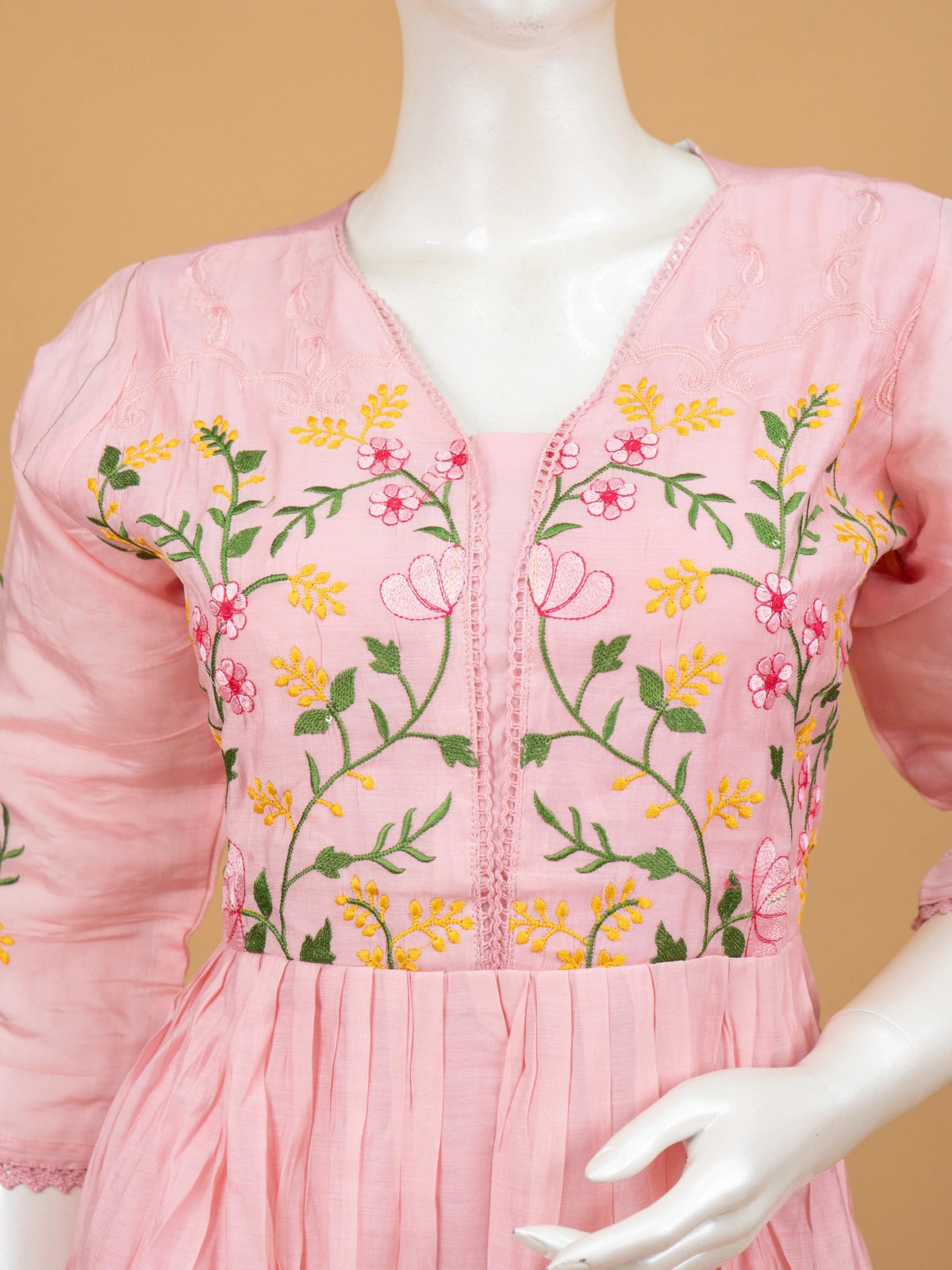 Pink floral embroidered cotton Anarkali kurti set with matching dupatta and pants