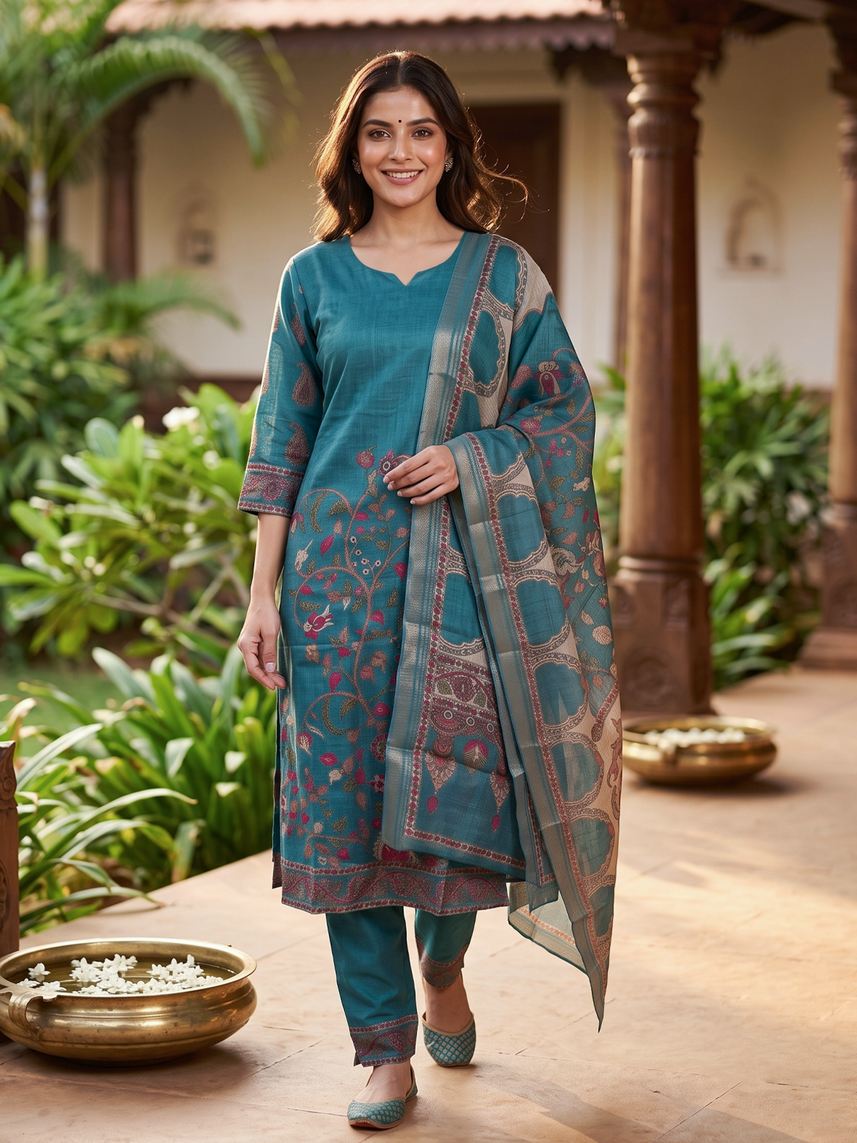 Teal Blue Kalamkari Print Ready Made Straight Cut Kurti Set with Dupatta