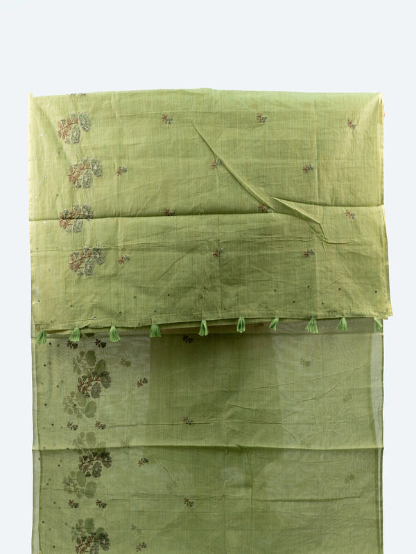 Mehndi green linen cotton saree with floral embroidery and tasselled pallu