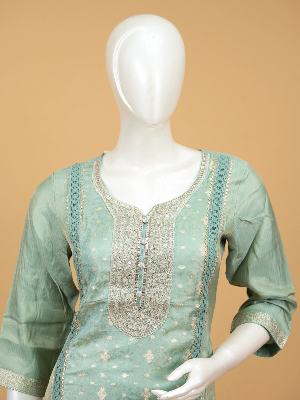 Sea Green Chanderi silk zari embroidered straight cut kurti set with pants and gold-dotted dupatta