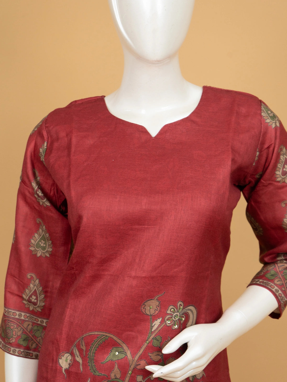 Maroon Kalamkari print art silk straight cut kurti set with contrast printed dupatta and matching pants