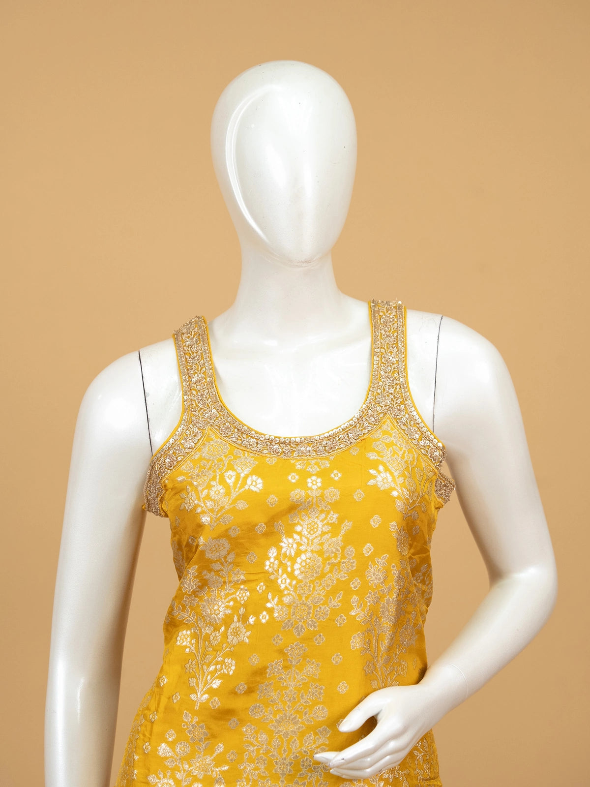 Mustard Yellow zari floral woven silk straight cut kurti set with orange dupatta