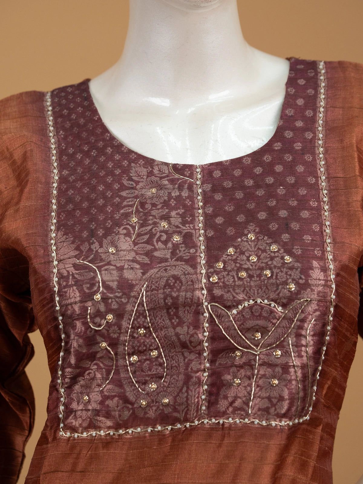 Rust brown silk blend embroidered straight cut kurti set with tie-dye dupatta