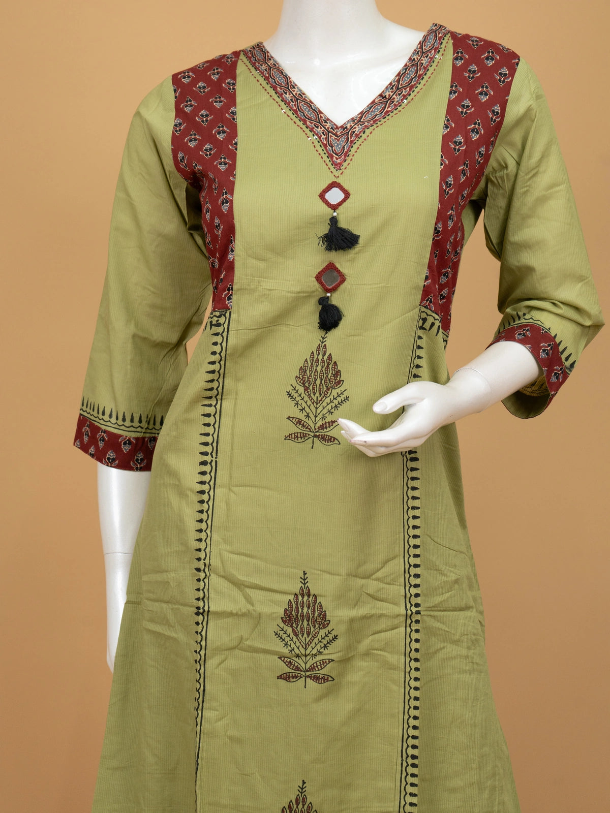 Olive green cotton Ajrakh print straight cut kurti set with mirror work and maroon dupatta