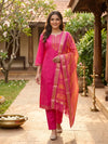 Rani Pink Embroidered Straight Cut Kurti Set with Leheriya Dupatta