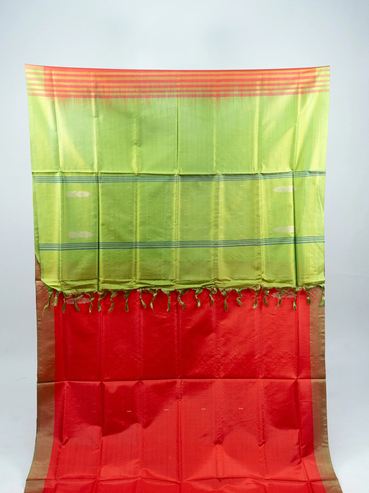 Red Banana silk saree with lime green contrast pallu, gold-copper zari border and woven buttas