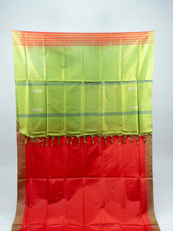 Red Banana silk saree with lime green contrast pallu, gold-copper zari border and woven buttas