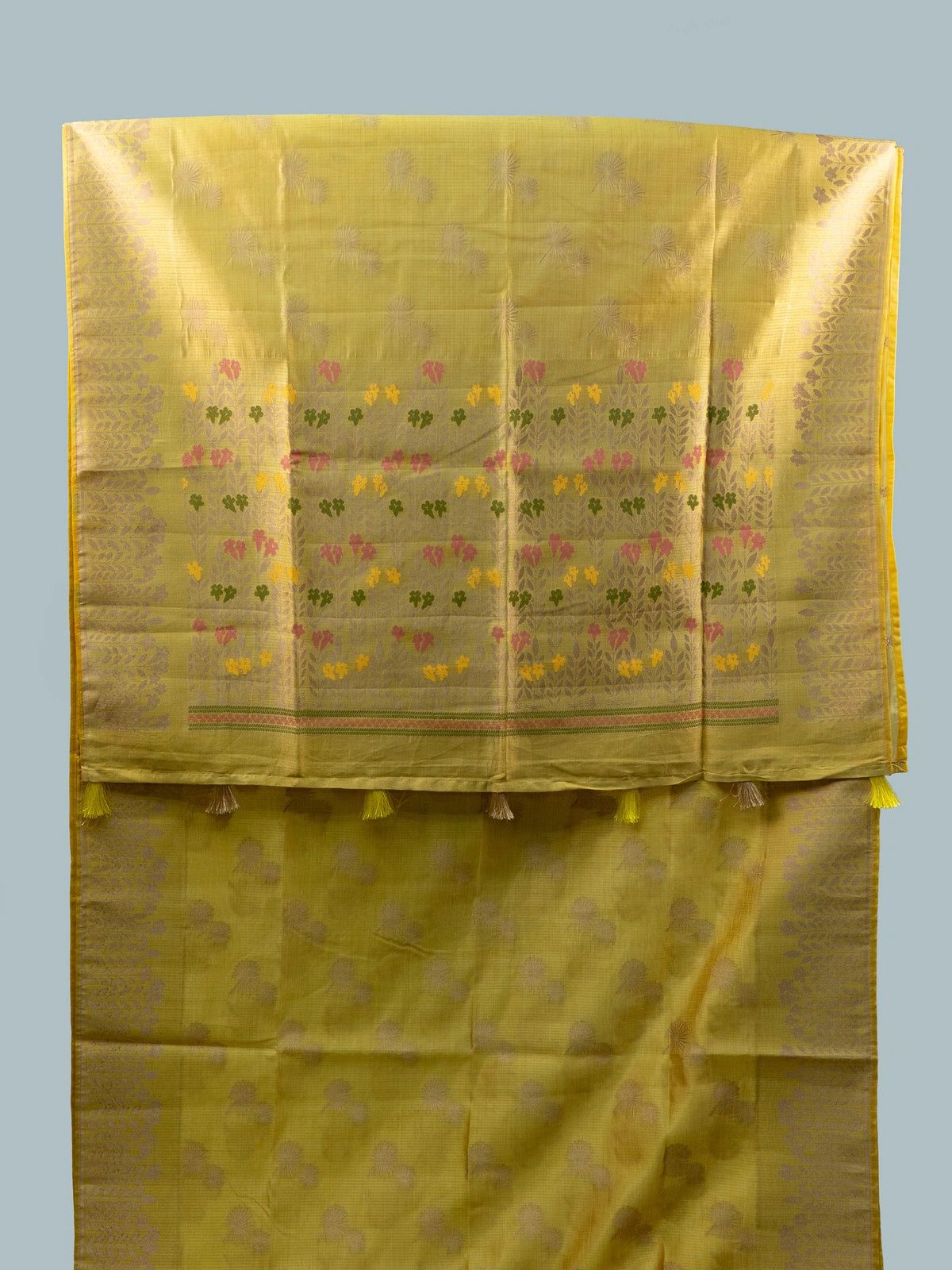 Yellow semi raw silk saree with zari leaf border and multicolour floral pallu
