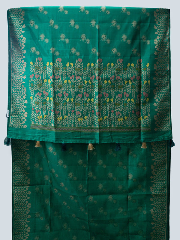 Sea green semi raw silk saree with gold zari floral motifs, woven leaf border and a multicolour floral pallu with contrast black blouse