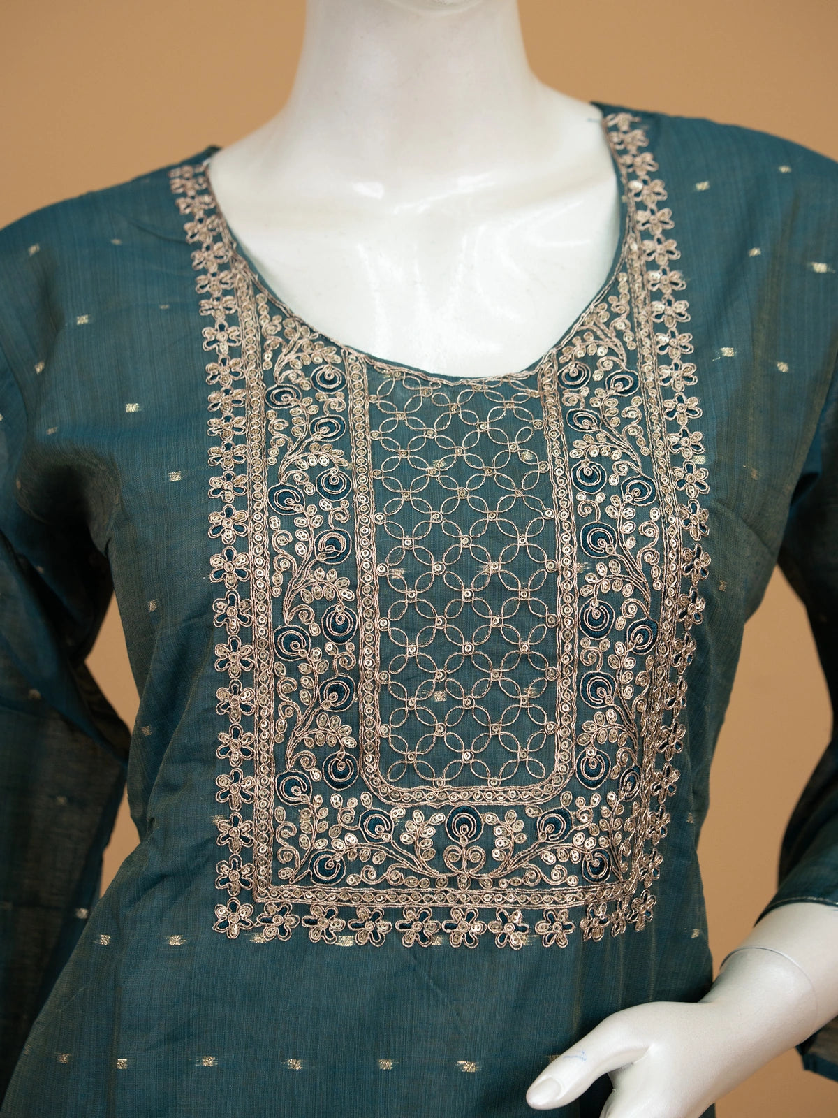 Teal Green Chanderi Silk zari embroidered straight cut kurti set with gold tissue dupatta