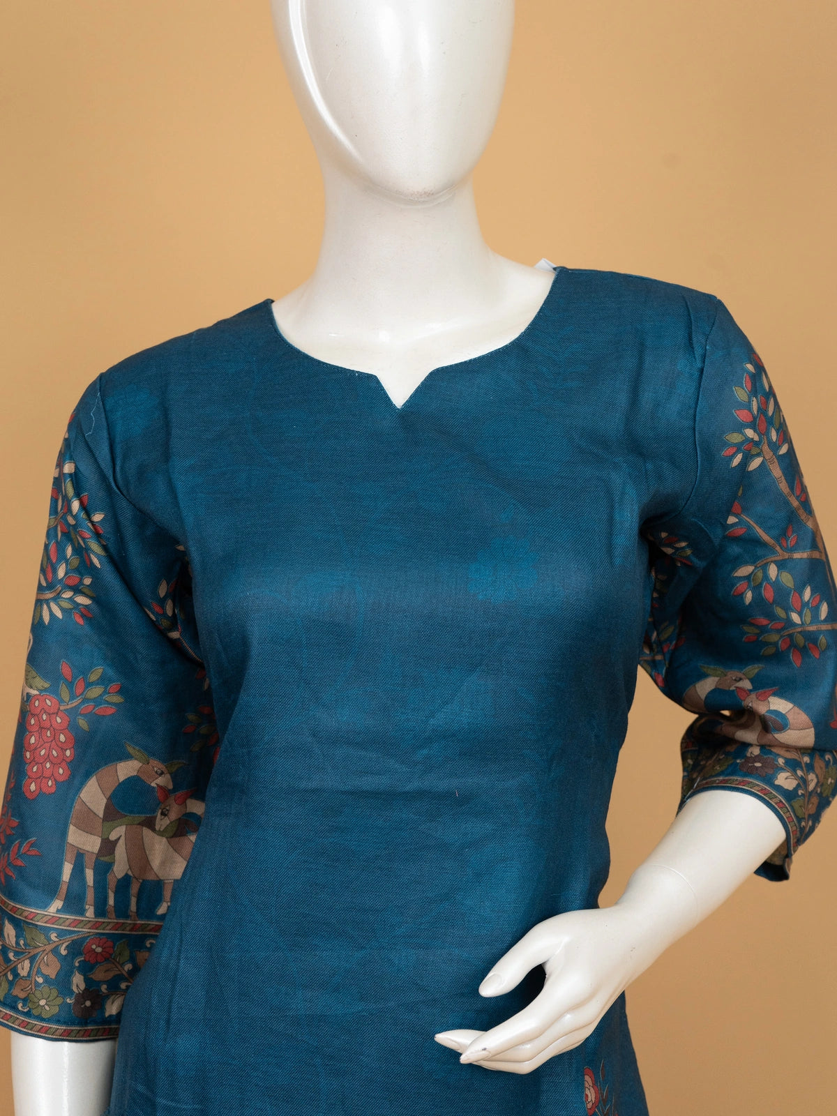 Teal Blue Kalamkari printed cotton straight cut kurti set with pants and dupatta