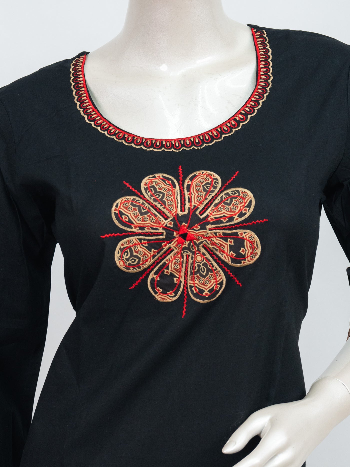 Black with Beige and Red Dupatta Ready Made Straight Cut Kurti Set