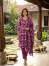 Purple Ikat Print Cotton Straight Cut Kurti Set with Dupatta