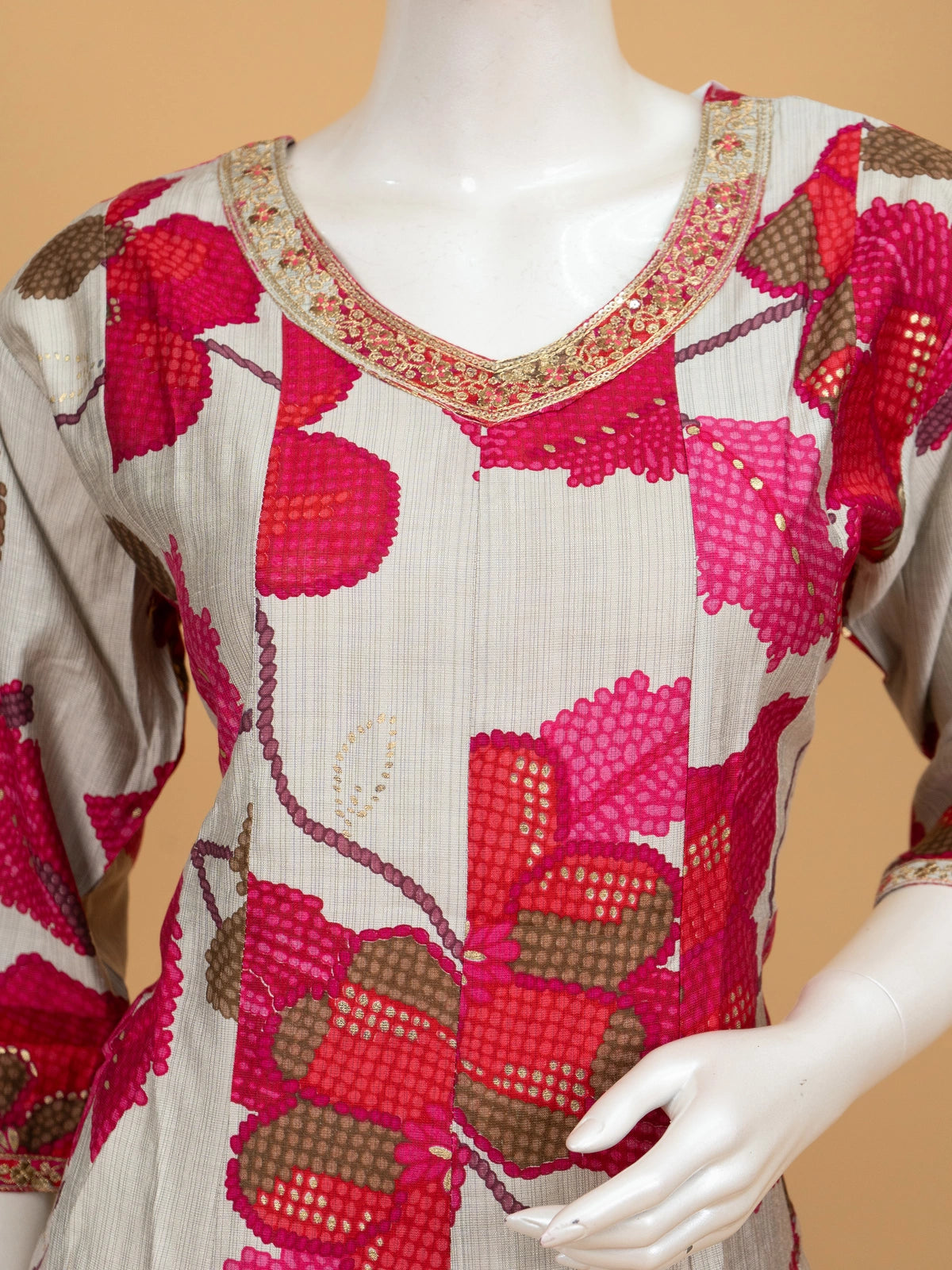 Grey floral cotton A-line kurti set with rani pink pants and sequinned dupatta
