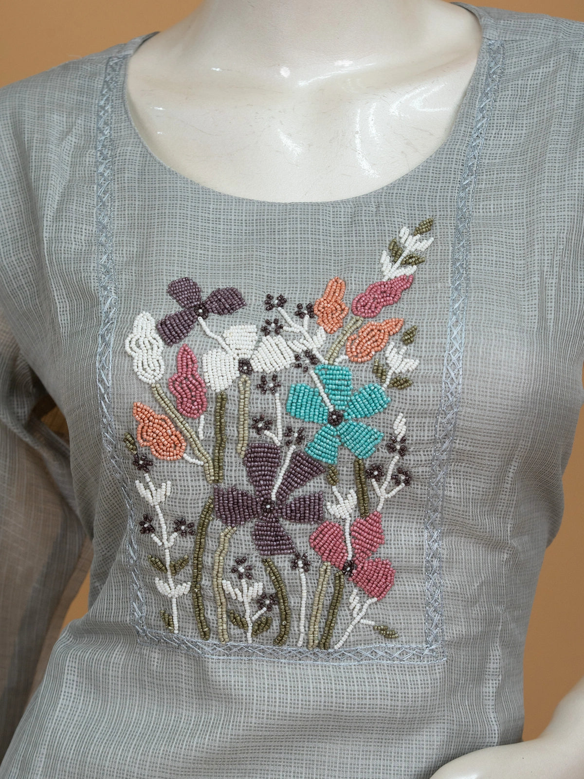 Grey floral beadwork Kota straight cut kurti set with pants and embroidered dupatta