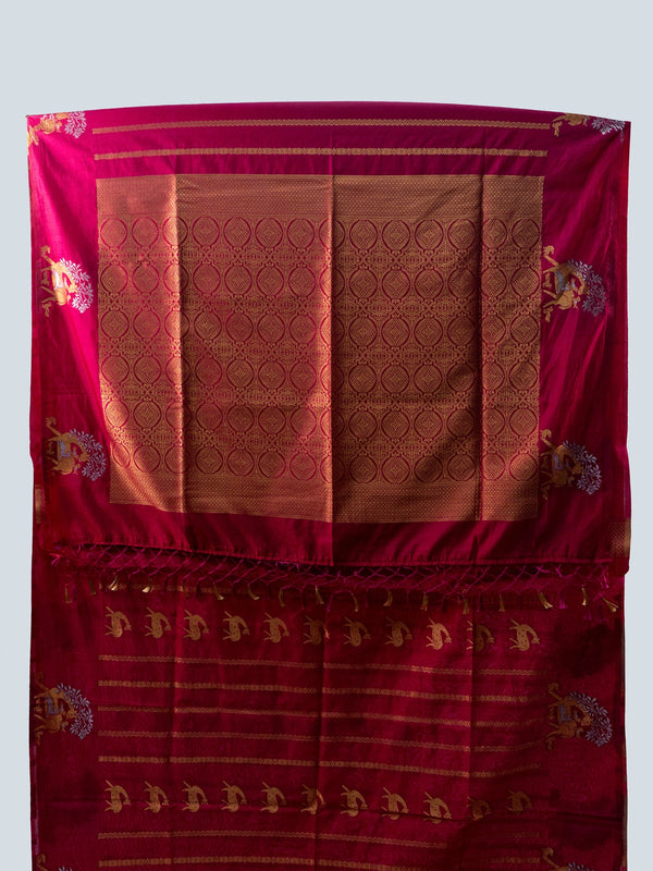 Rani pink semi raw silk saree with gold zari folk motifs, brocade pallu and contrast black blouse