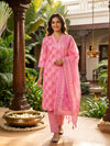 Pink Floral Print Cotton Straight Cut Kurti Set with Dupatta