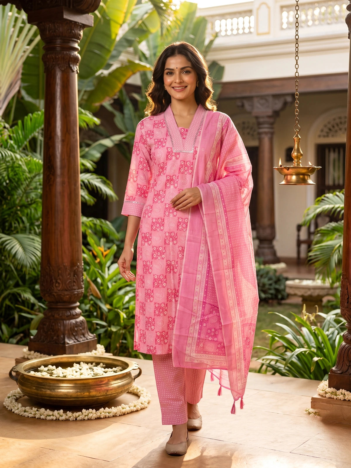 Pink Floral Print Cotton Straight Cut Kurti Set with Dupatta