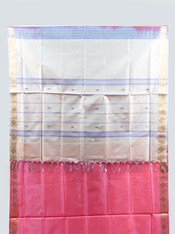 Rose pink Banana silk saree with cream lavender-striped pallu and gold zari border