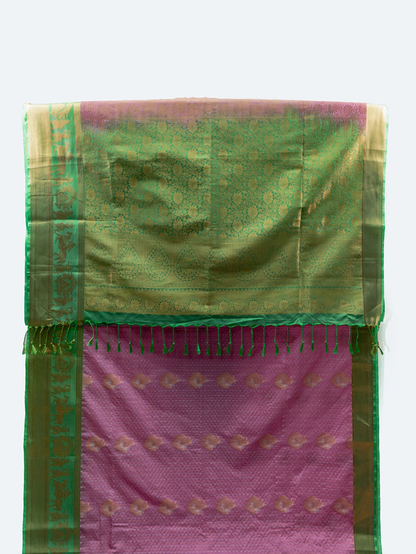 Pink and green Vaira Oosi design semi silk saree with gold zari butis, contrast green zari border and floral pallu