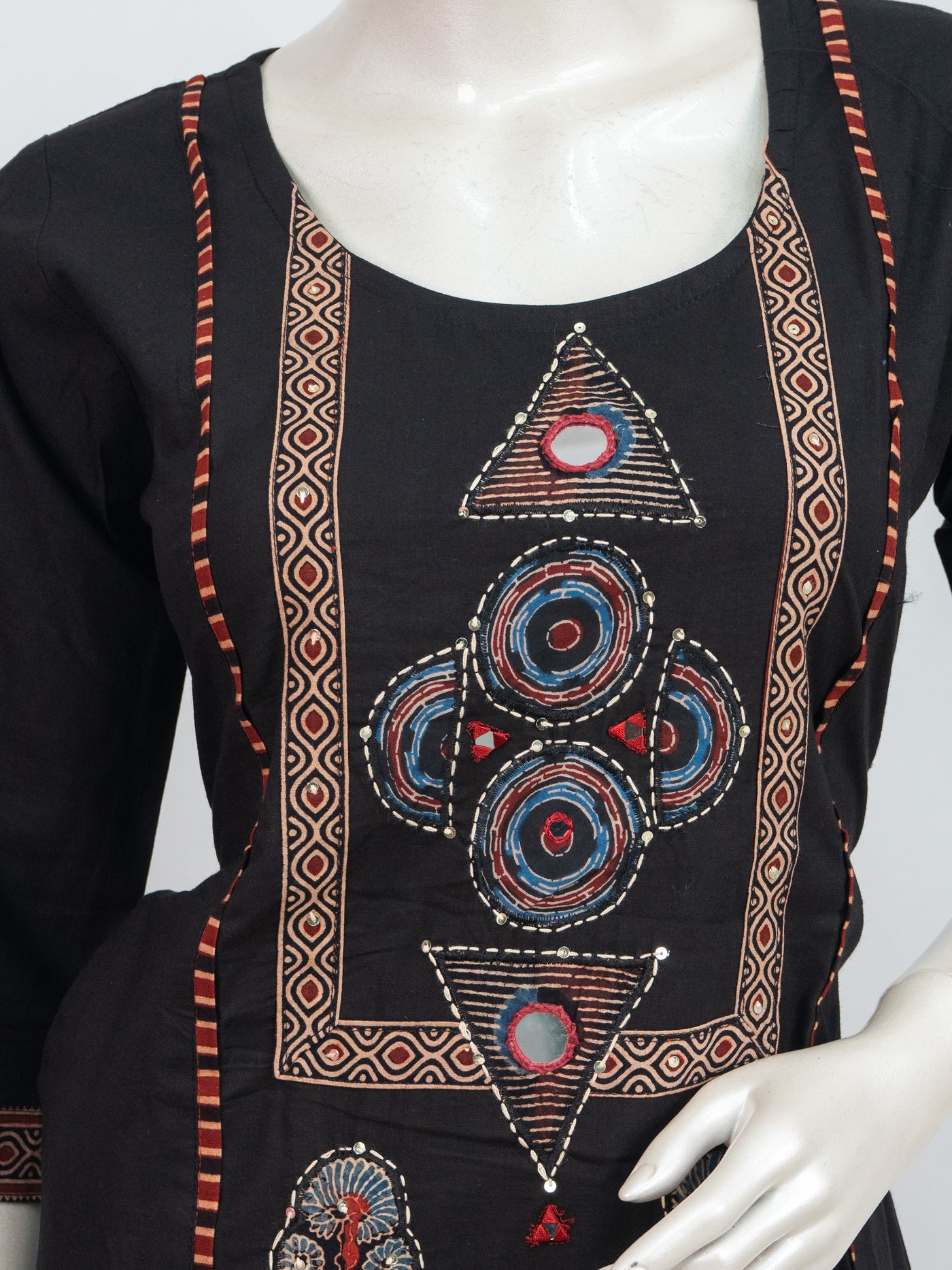 Black Cotton Ajrakh Mirror Work Straight Cut Kurti Set