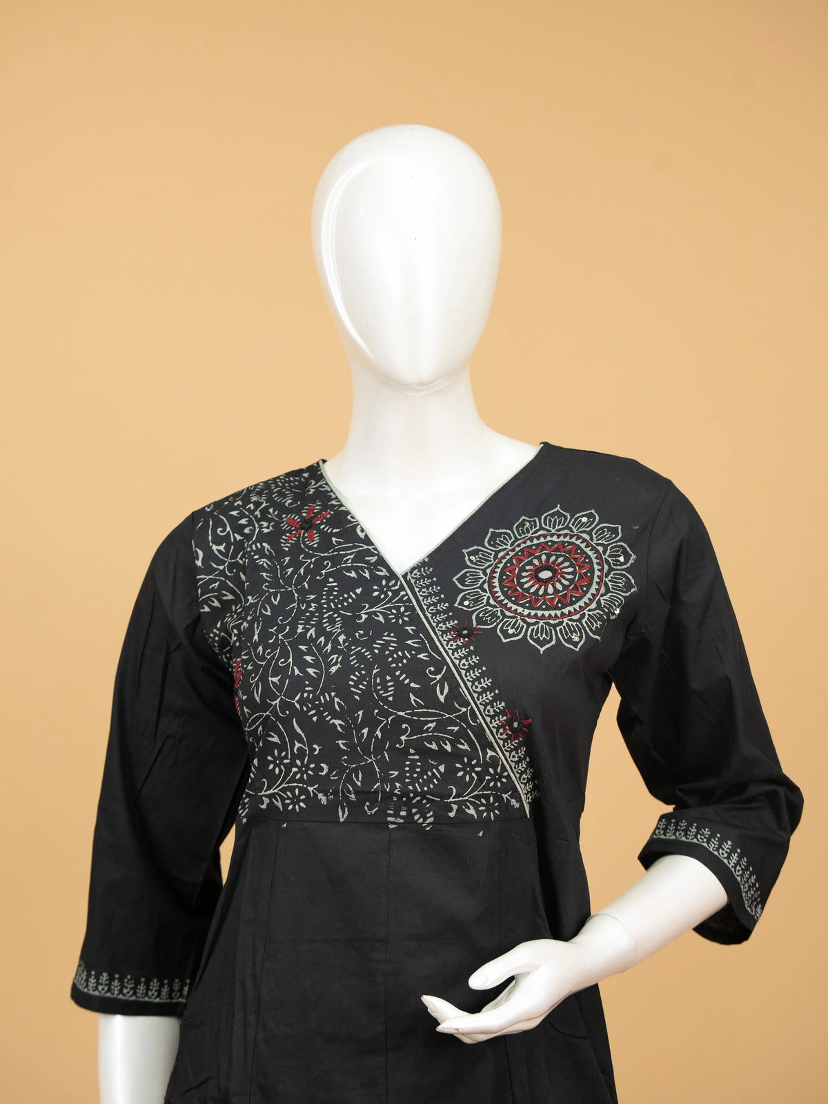 Black cotton block print mandala Anarkali kurti set with sage green dupatta