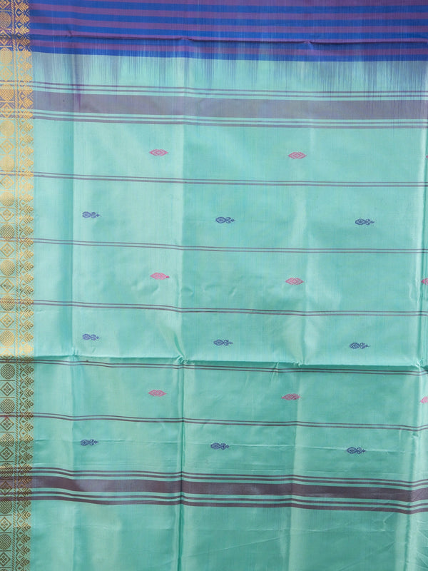 Deep purple Banana Silk saree with contrast turquoise pallu, gold zari border and buti motifs