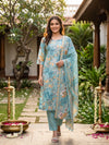 Turquoise Floral Printed Cotton Umbrella Kurti Set with Dupatta