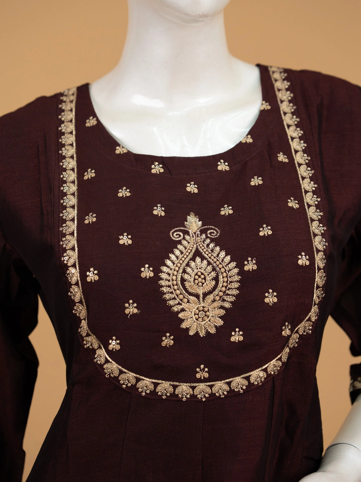 Wine art silk Anarkali kurti set with gold zari embroidered yoke and matching dupatta