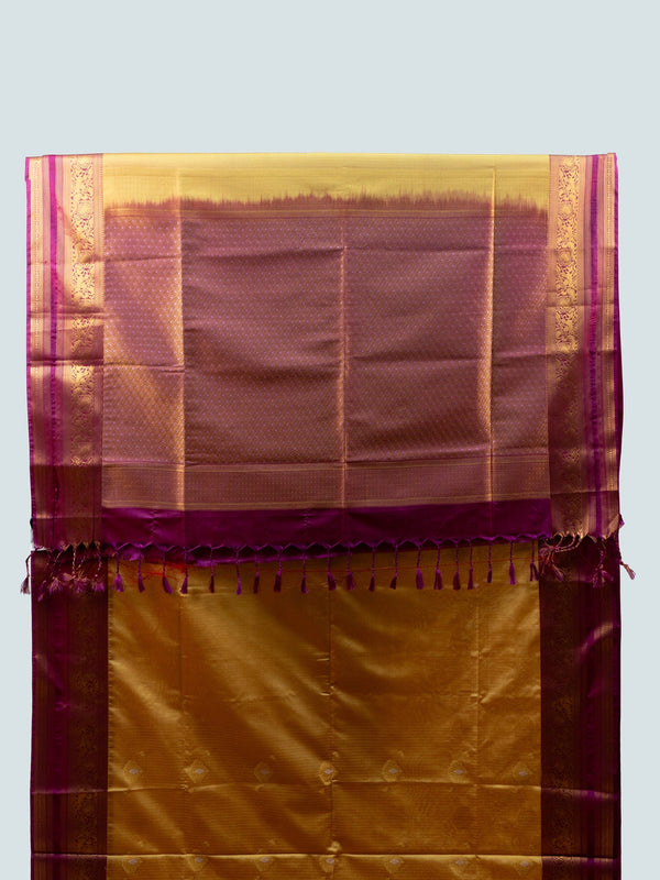 Mustard gold and magenta Vaira Oosi Design semi silk saree with gold zari border and pallu