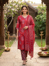 Red Floral Printed Cotton Straight Cut Kurti Set with Dupatta