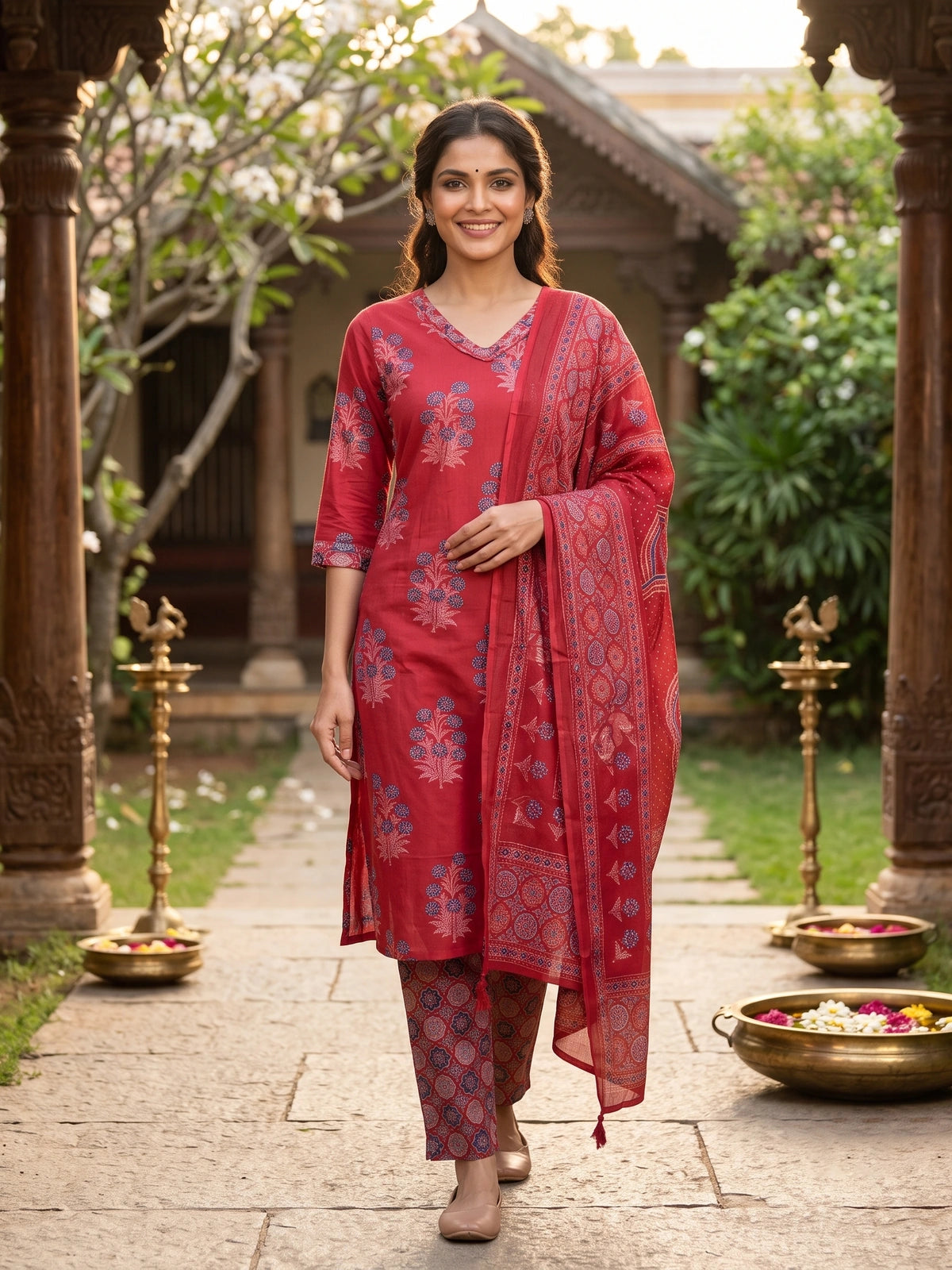 Red Floral Printed Cotton Straight Cut Kurti Set with Dupatta