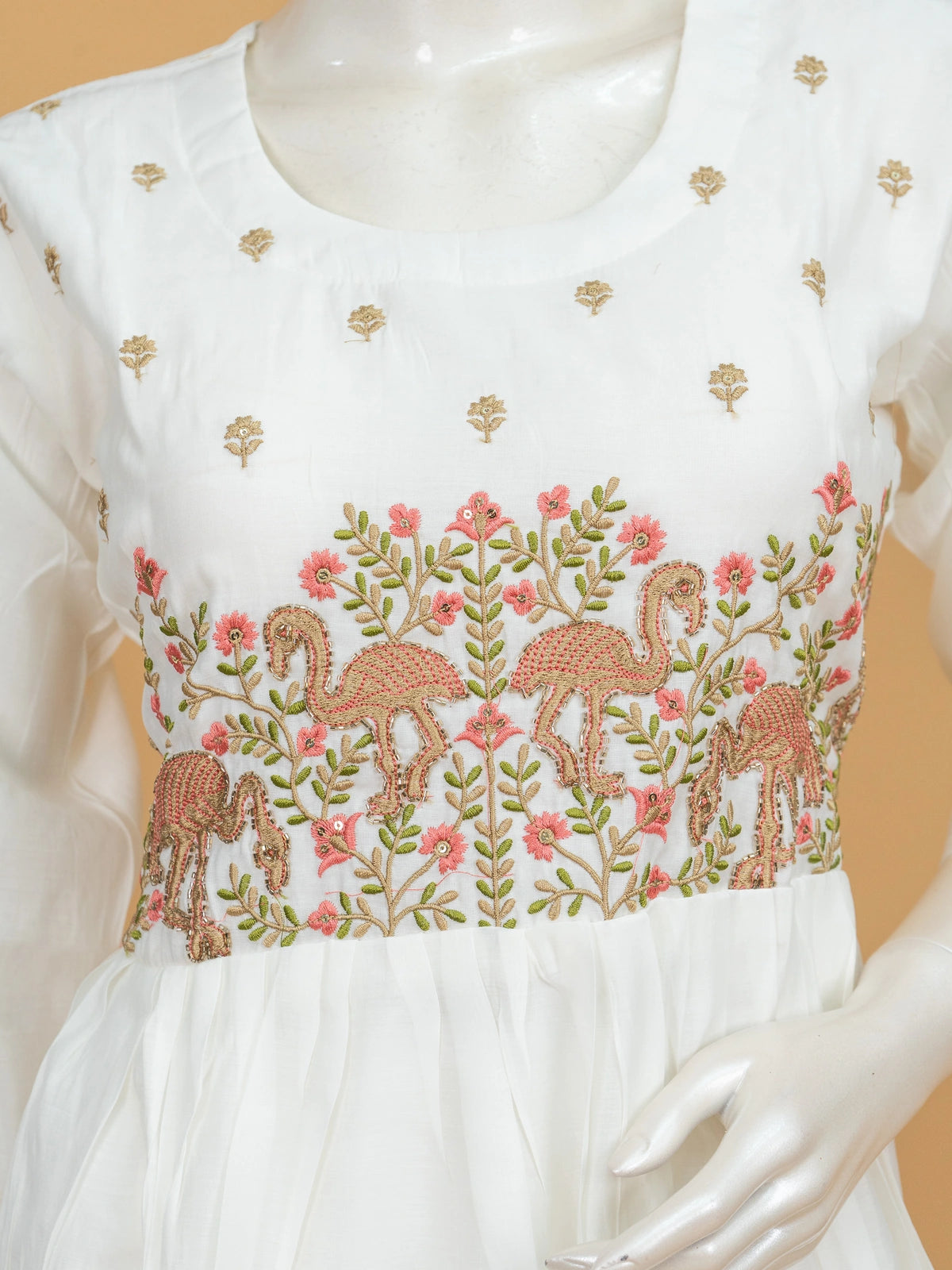 White flamingo embroidered cotton Anarkali kurti set with floral printed dupatta