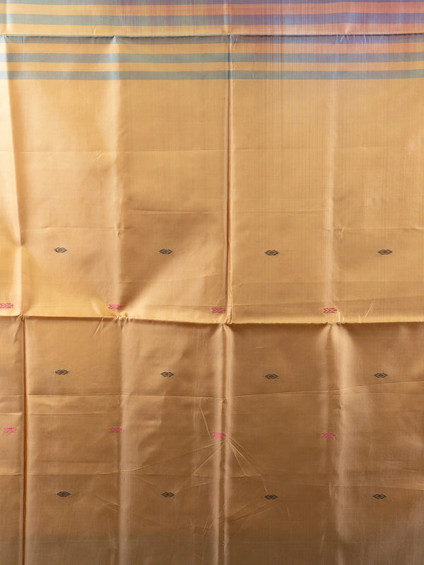 Mauve-grey dual-tone Banana Silk saree with gold zari butis and a contrast mustard pallu