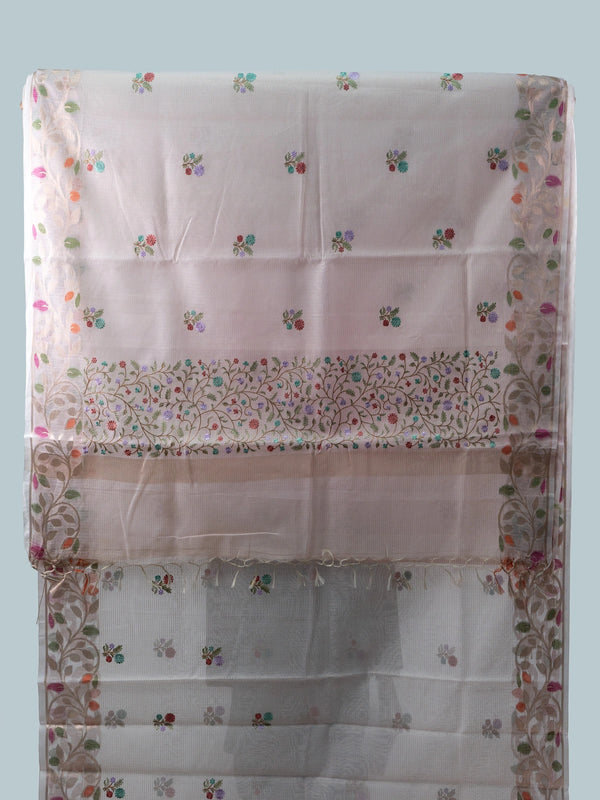 Blush pink linen cotton saree with multicolour floral buttas, gold zari floral border and contrast black embroidered blouse