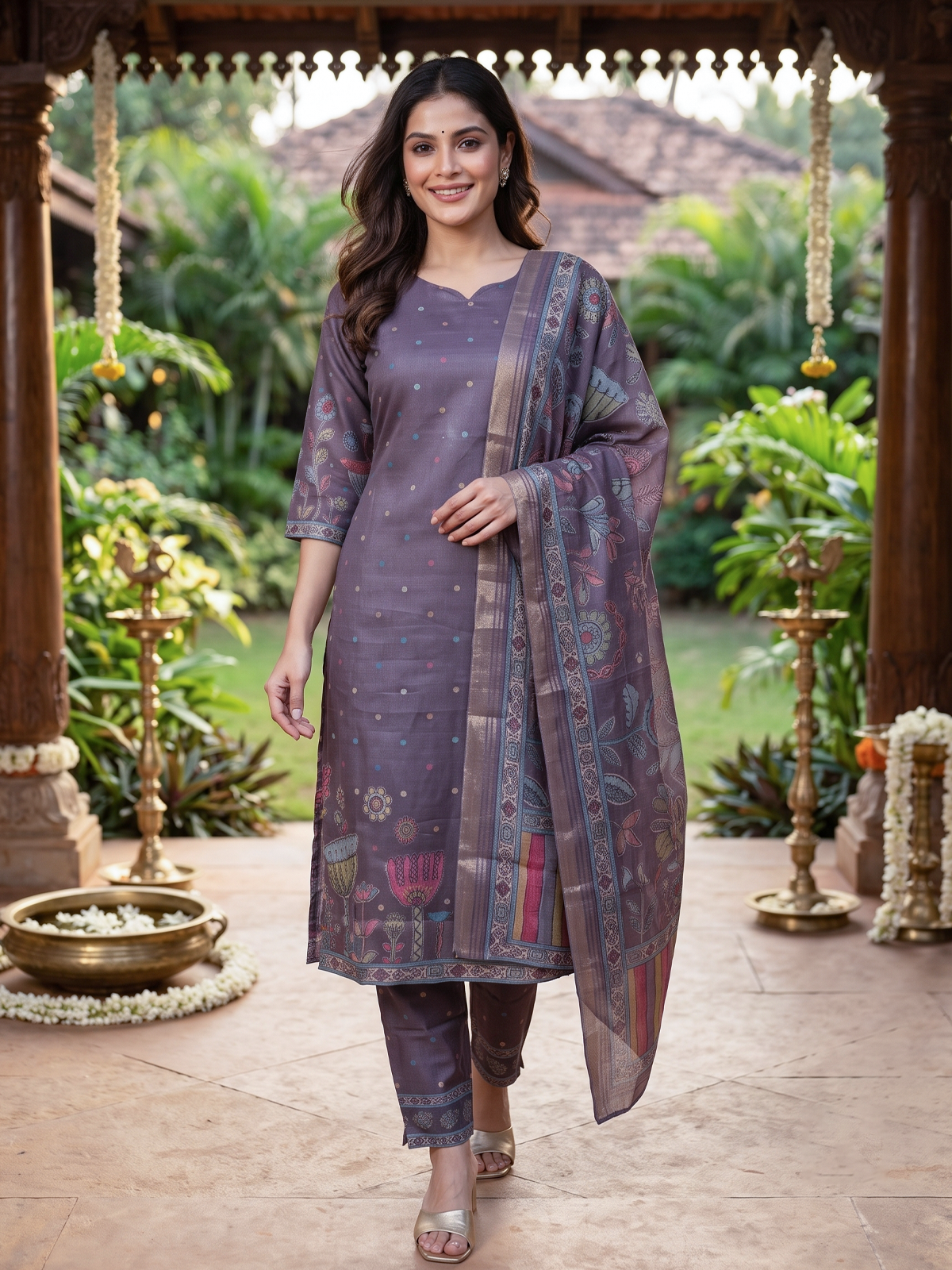 Mauve Kalamkari print cotton silk kurti set with printed pants and zari border dupatta