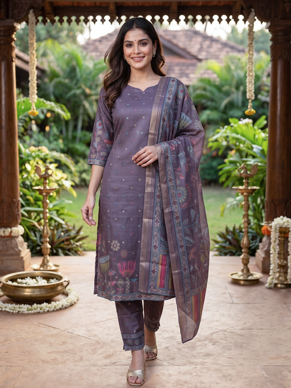 Mauve Kalamkari print cotton silk kurti set with printed pants and zari border dupatta