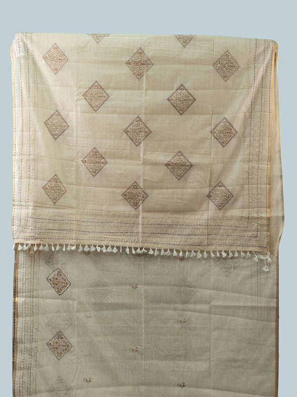 Cream linen cotton saree with gold zari border and embroidered diamond motifs