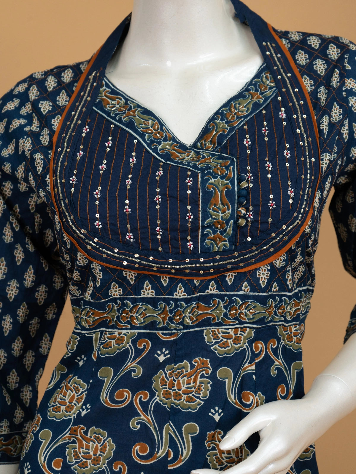Indigo Blue Ajrakh print cotton embroidered Anarkali kurti set with matching pants and dupatta