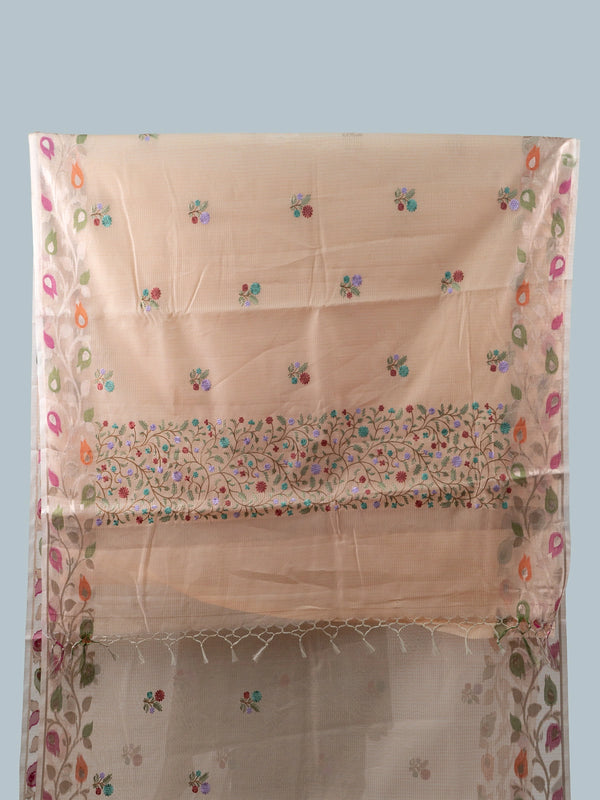 Peach linen cotton saree with multicolour floral embroidery, kota-check texture and paisley border with black embroidered blouse