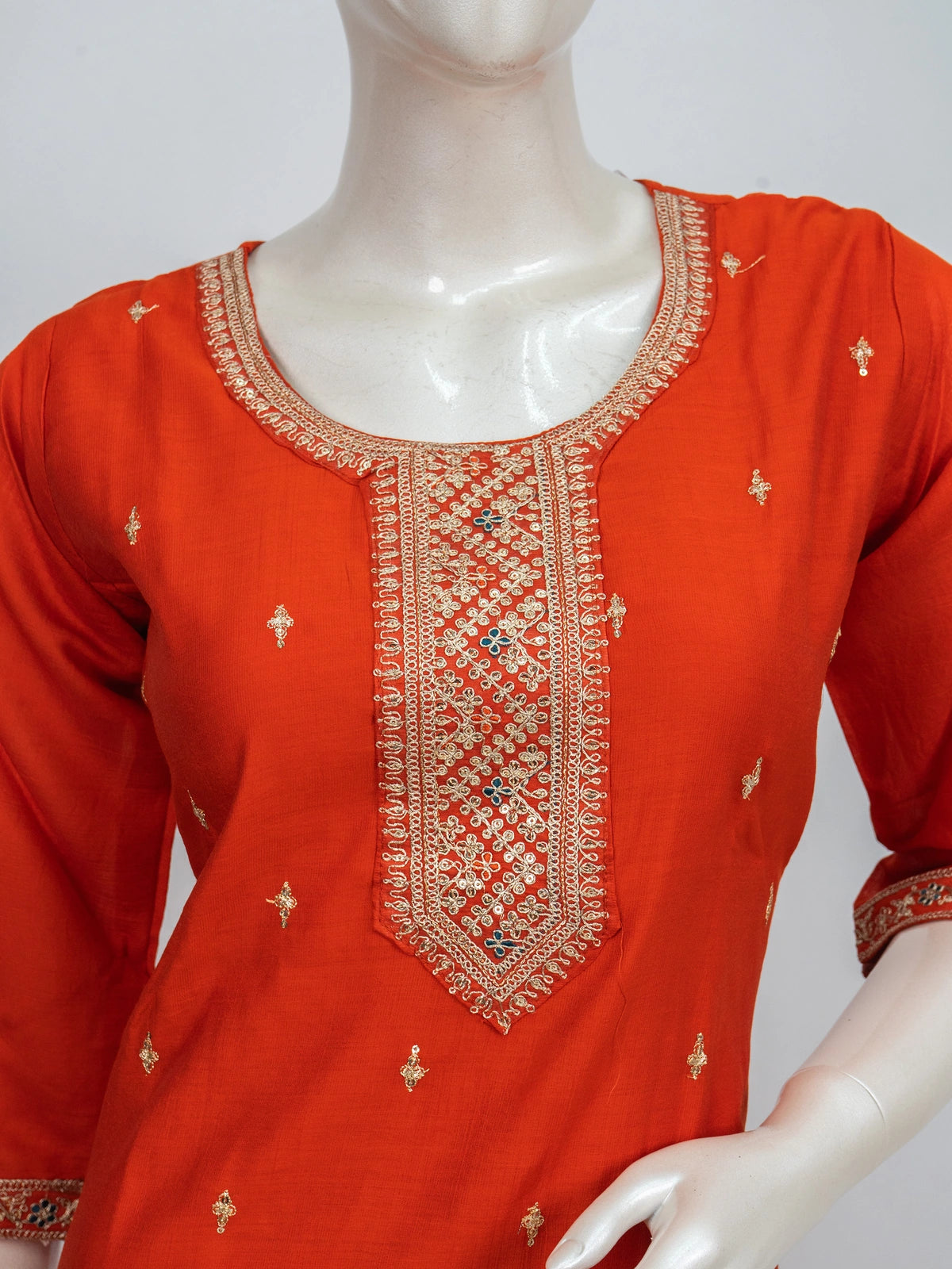 Orange silk blend zari embroidered straight cut kurti set with floral dupatta