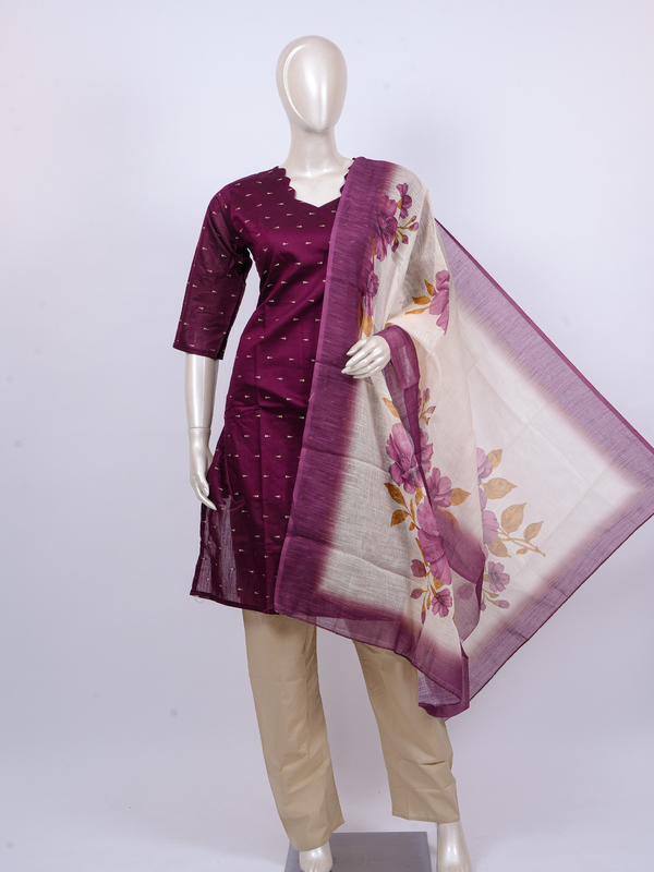 Purple zari butti kurti set with floral cream dupatta and beige straight pants