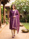 Wine Purple with Beige Woven Buti Ready Made Straight Cut Kurti Set