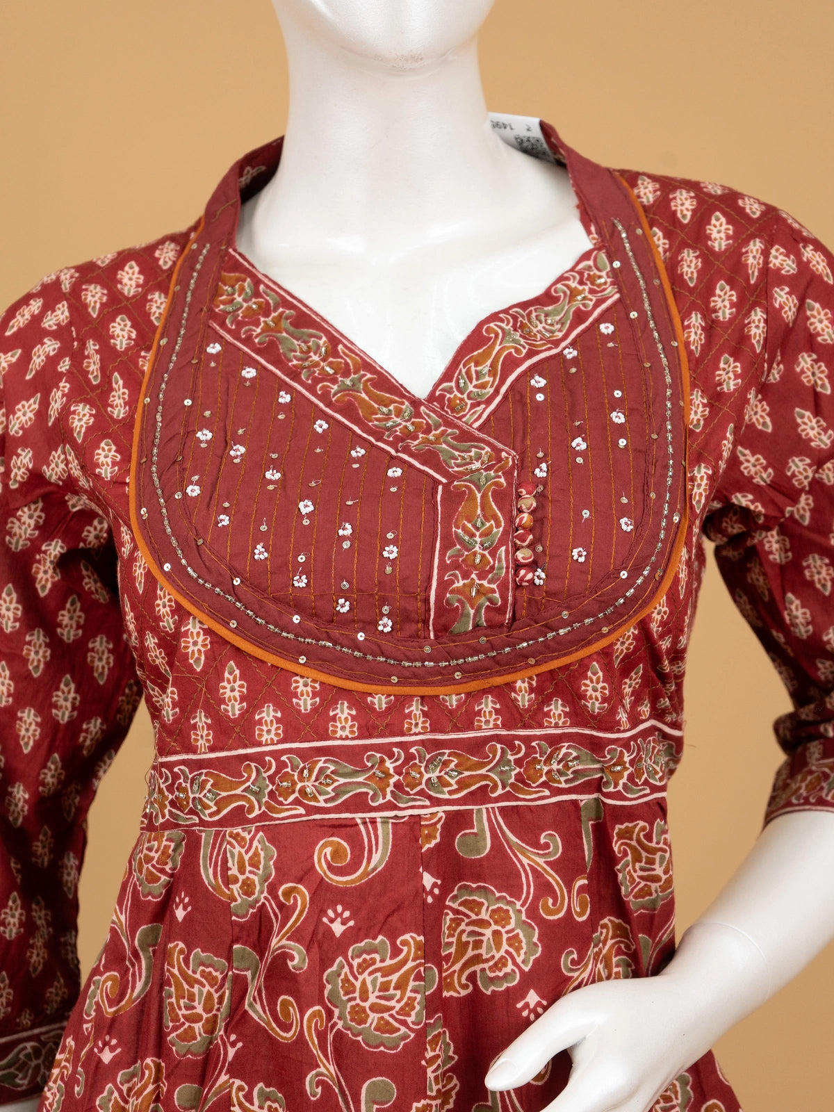 Maroon floral block print cotton Anarkali kurti set with embellished yoke, straight pants and printed dupatta