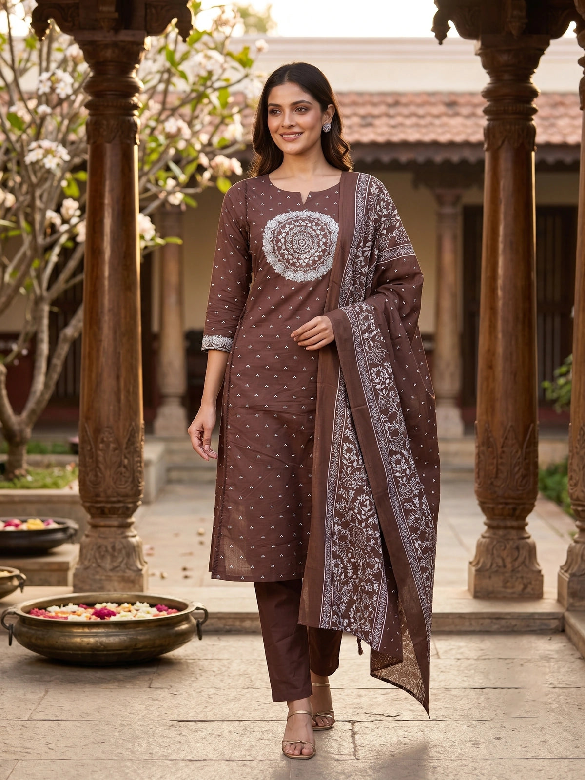Brown Bandhani Print Straight Cut Kurti Set with Embroidered Yoke