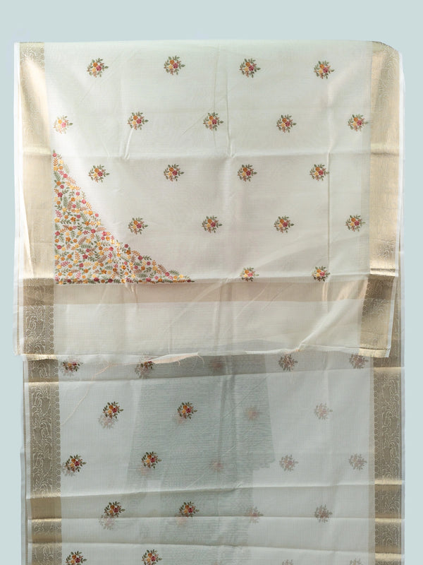Cream linen cotton saree with gold zari border and multicolour floral embroidery