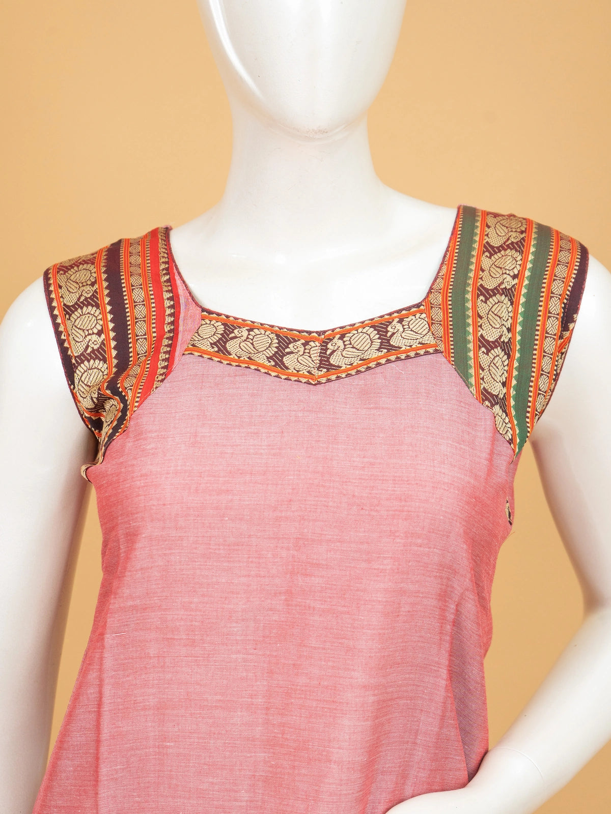 Rose pink handloom cotton straight cut kurti set with peacock woven border and matching dupatta